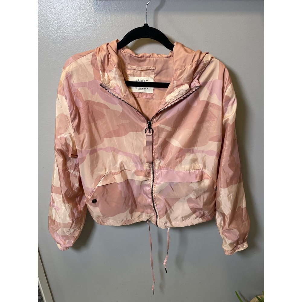 Ashley by 26 International Pink Camo Cropped Windbreaker Hooded Jacket Large
